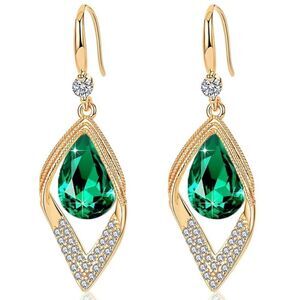14K Yellow Gold with Emerald Green Austrian Crystal Halo Leaf Teardrop Earrings
